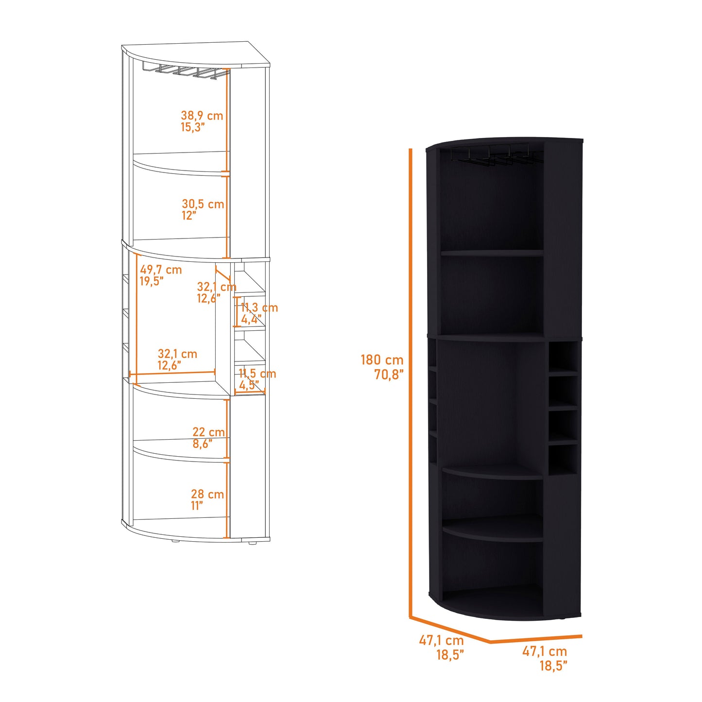 Avery 5 Large Shelves Corner Bar Cabinet - Black