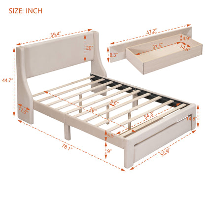 Renni Full Size Velvet Platform Bed Frame with Drawer - Beige