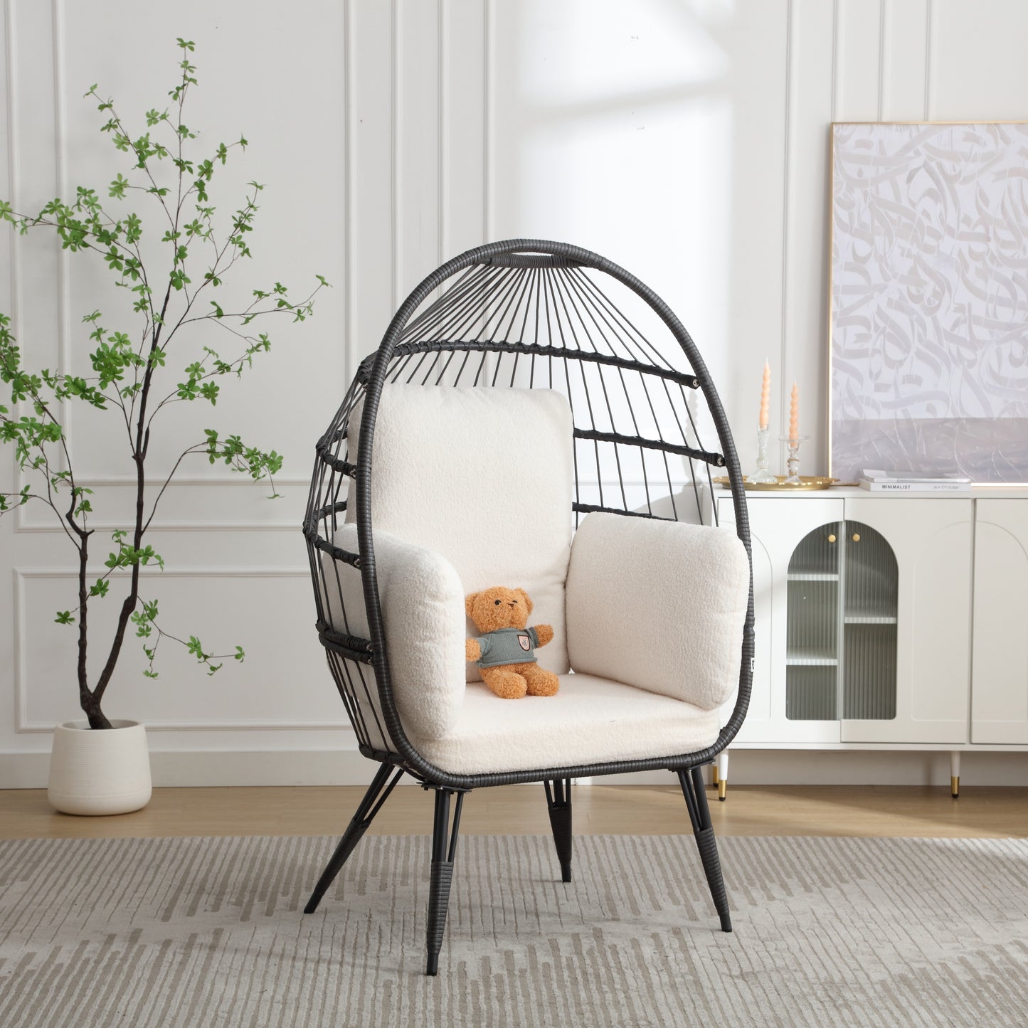 Mora Egg Wicker Outdoor Indoor Basket Chair - White Teddy