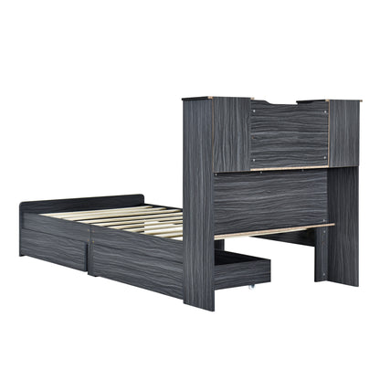 Taz Twin Size Platform Bed Frame with 4 Open Storage Shelves - Gray