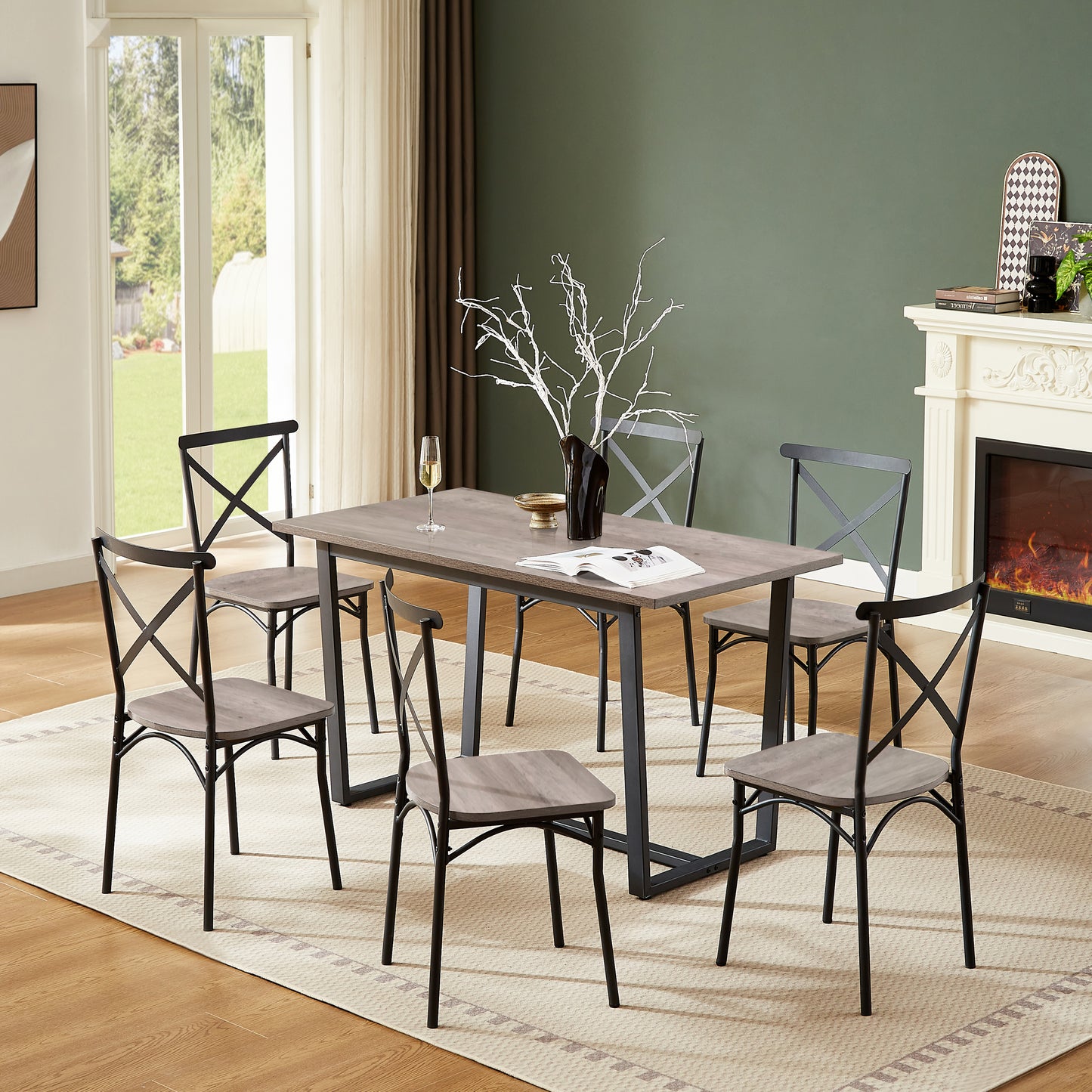 Barna 7pc Dining Set Table 6x Side Chairs - Gray