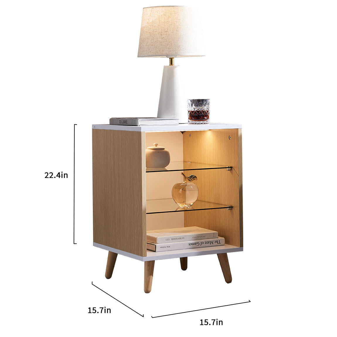 Vivo LED Nightstand with 2 Glass Shelves - Natural