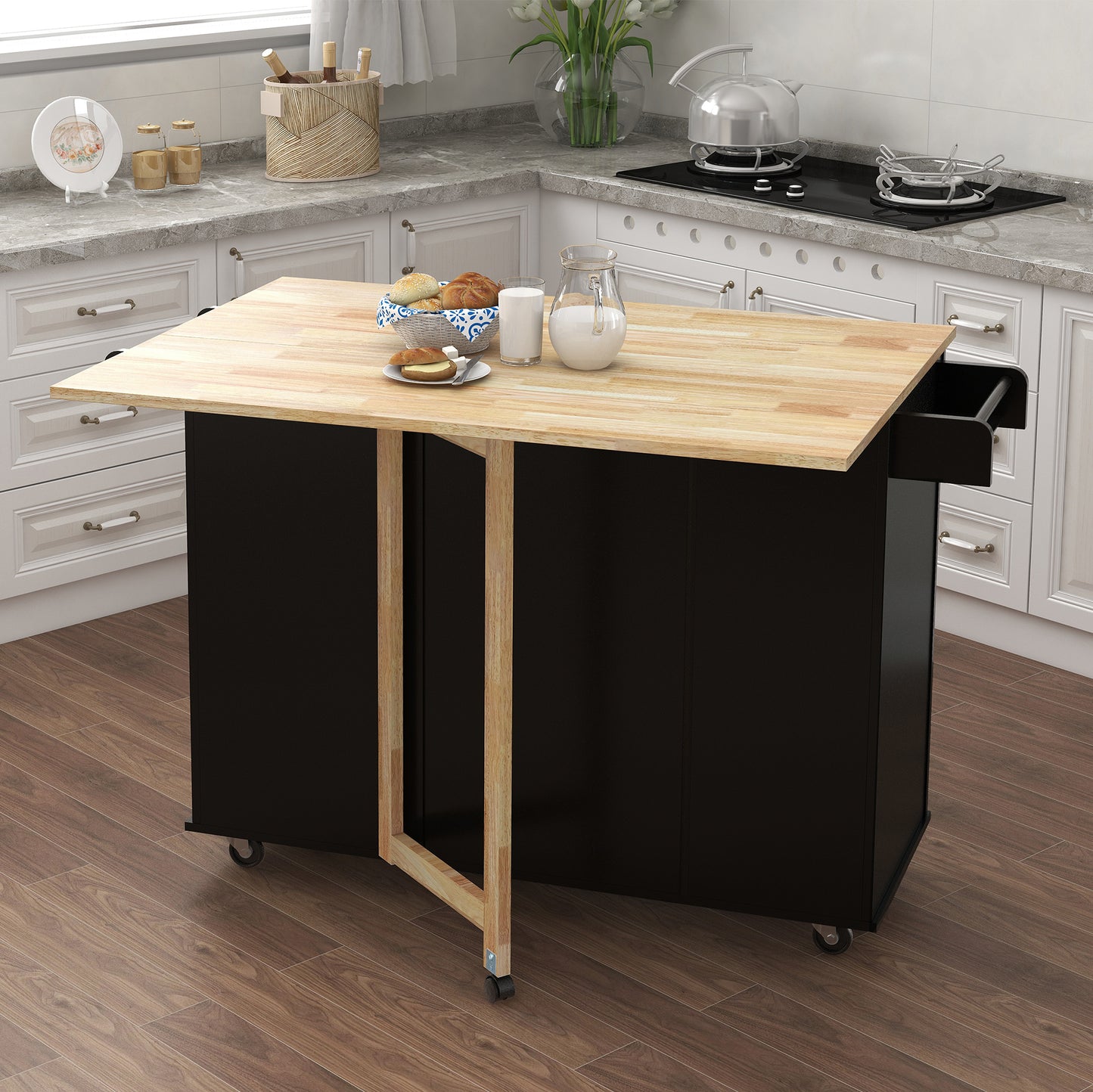 Artisan Kitchen Island with Solid Wood Table Top - Black