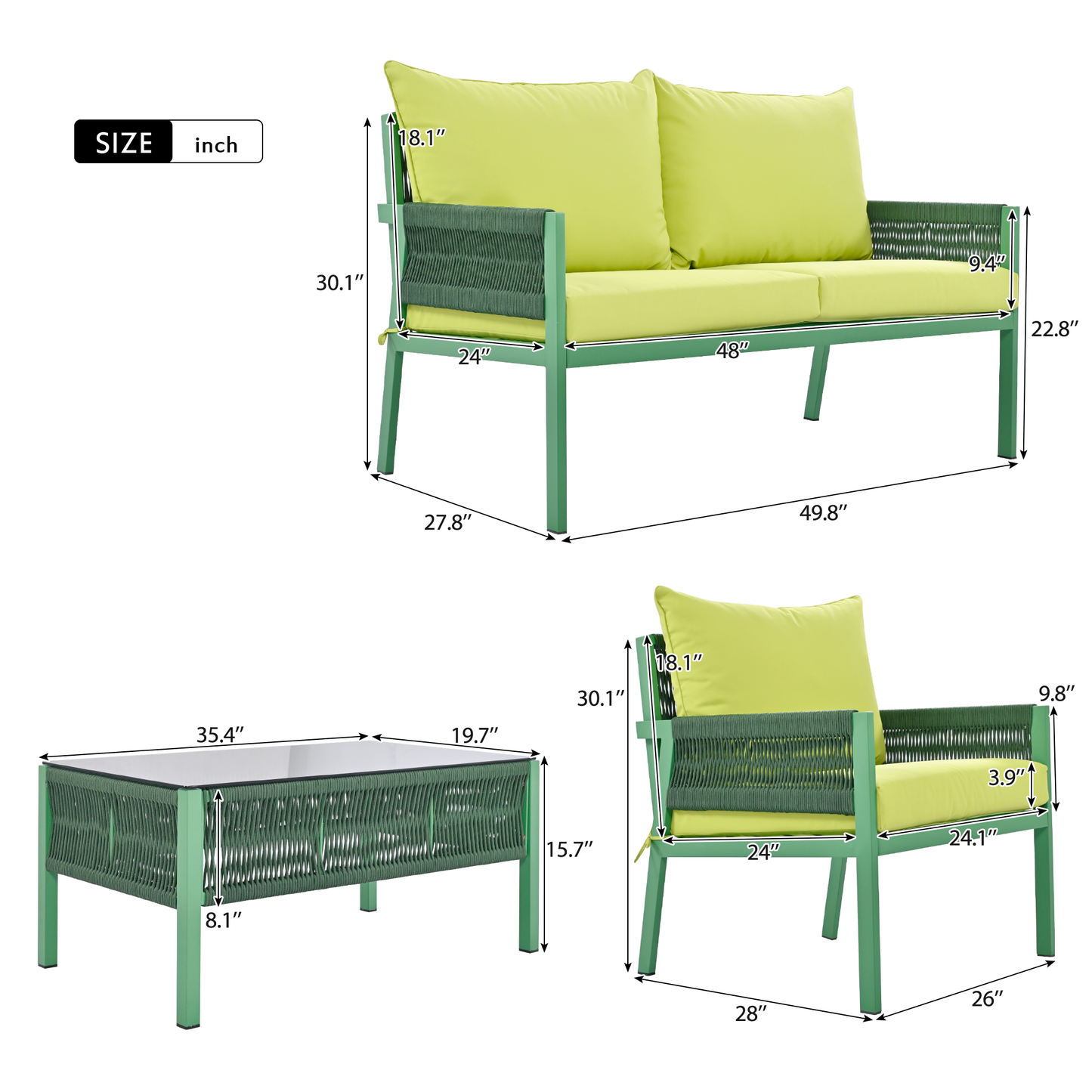 Mixon 4 Pc Patio Rope Sofa Set - Green