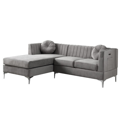 Chloe Velvet Sectional Sofa Chaise with USB Charging Port - Gray