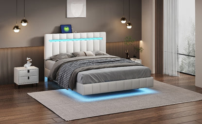 Marc Queen II Size Floating Bed Frame with LED - White