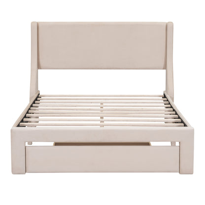 Renni Full Size Velvet Platform Bed Frame with Drawer - Beige