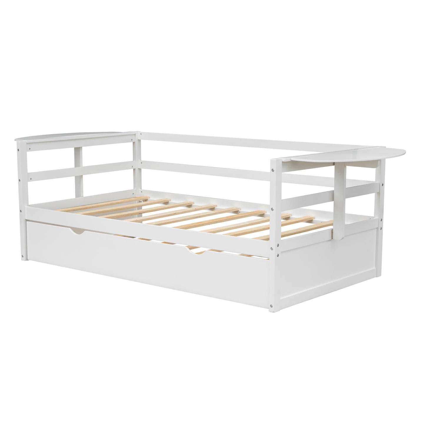 Tumo Twin Size Daybed with Trundle and Foldable Shelves - White