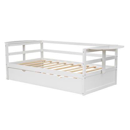 Tumo Twin Size Daybed with Trundle and Foldable Shelves - White