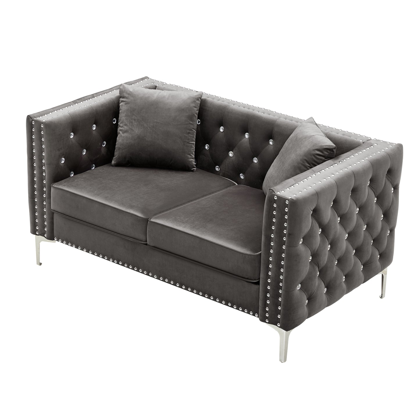 Mahoney Velvet Sofa with 2 Pillows - Gray