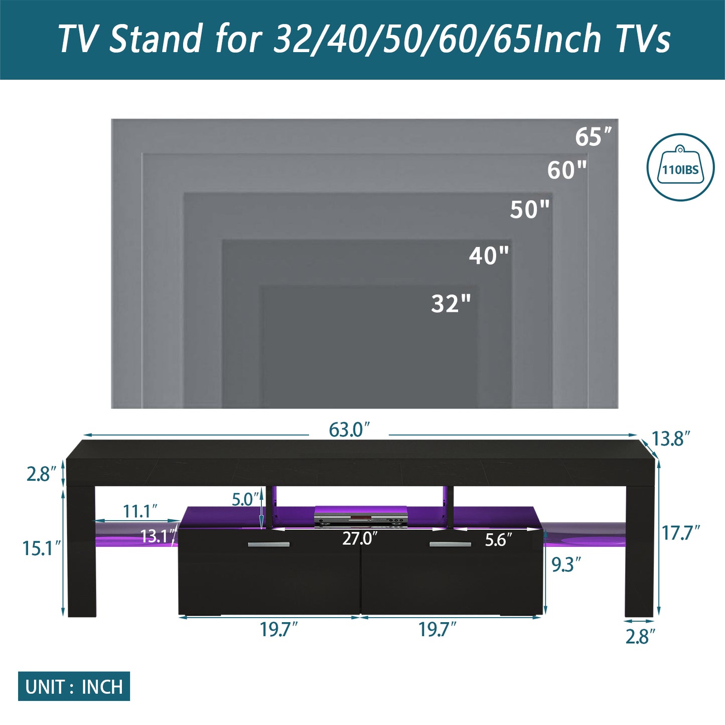 Lacey TV Stand with LED light - Black