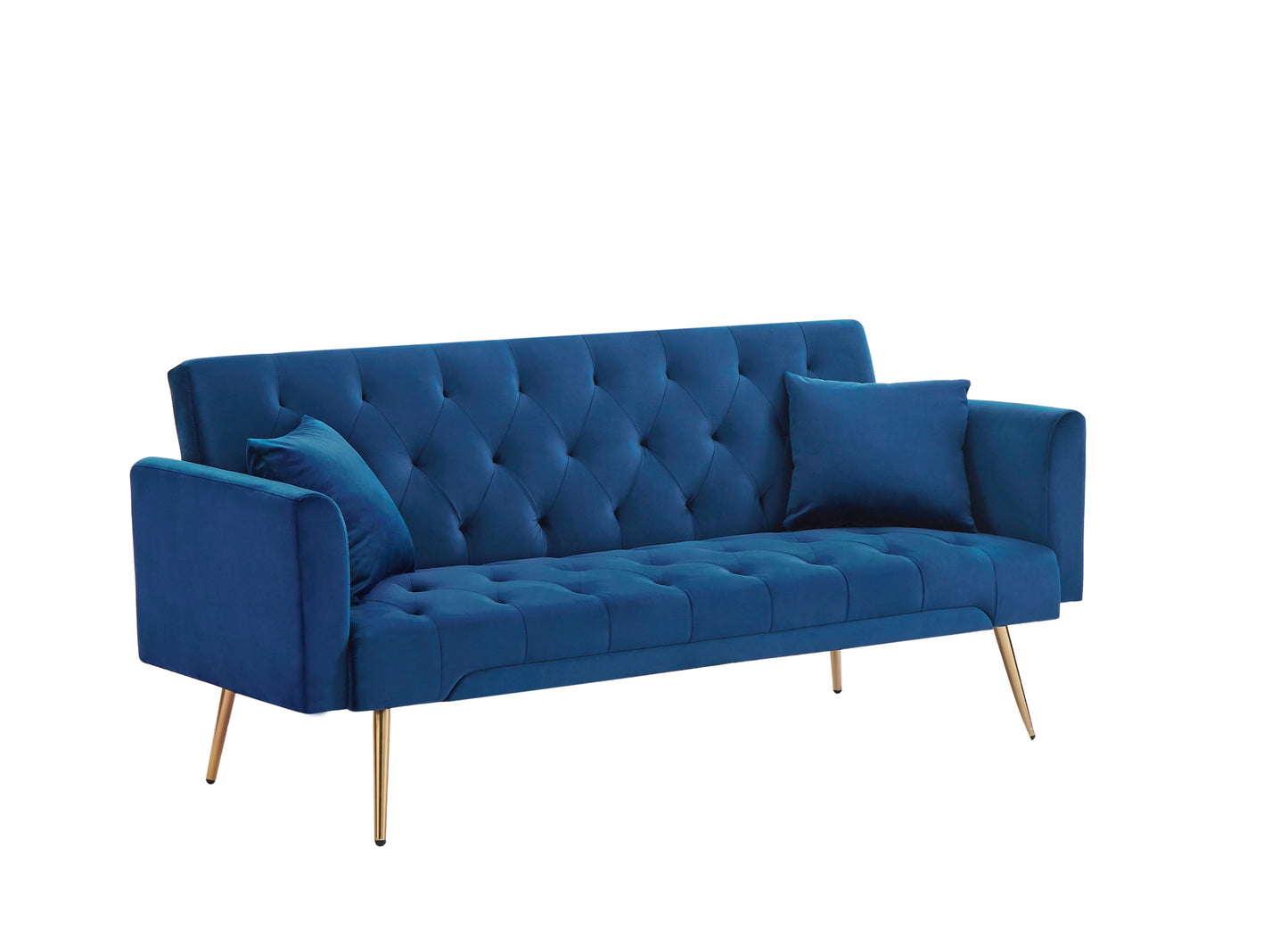 Tasa Velvet Futon Sofa Bed with Metal Legs & 2 Pillows - Blue