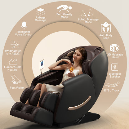 Elias Deluxe Zero Gravity Full Body Massage Chair with AI Voice Control - Black+Brown