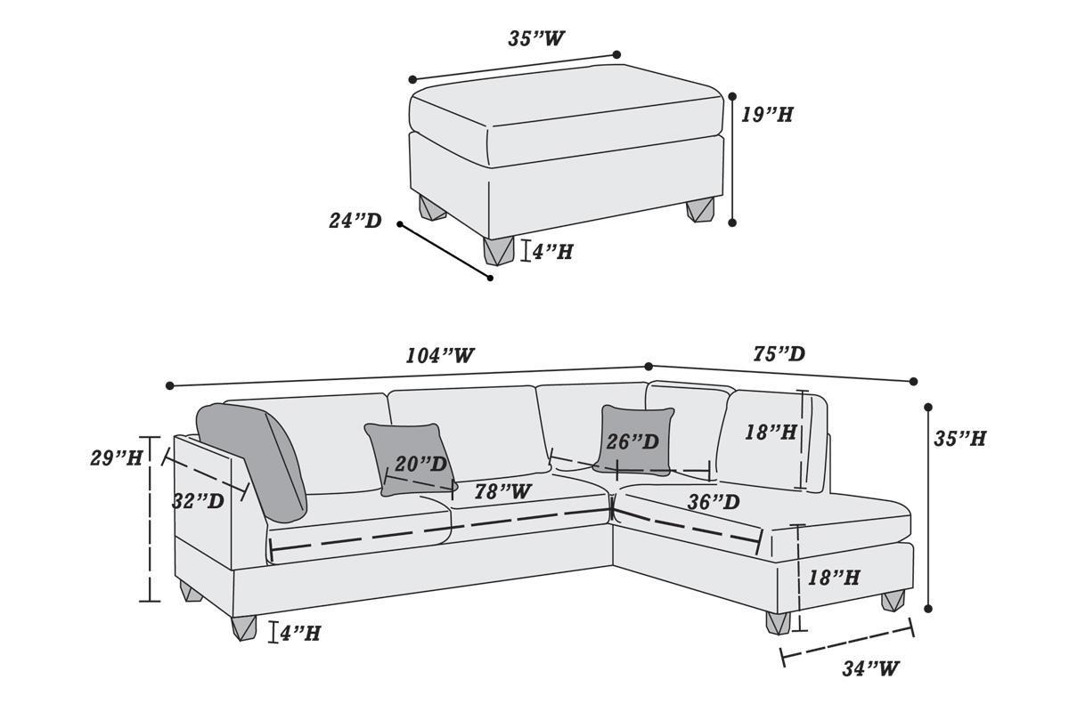 Esra 3pc Sectional Reversible Chaise Sofa And Ottoman - Chocolate