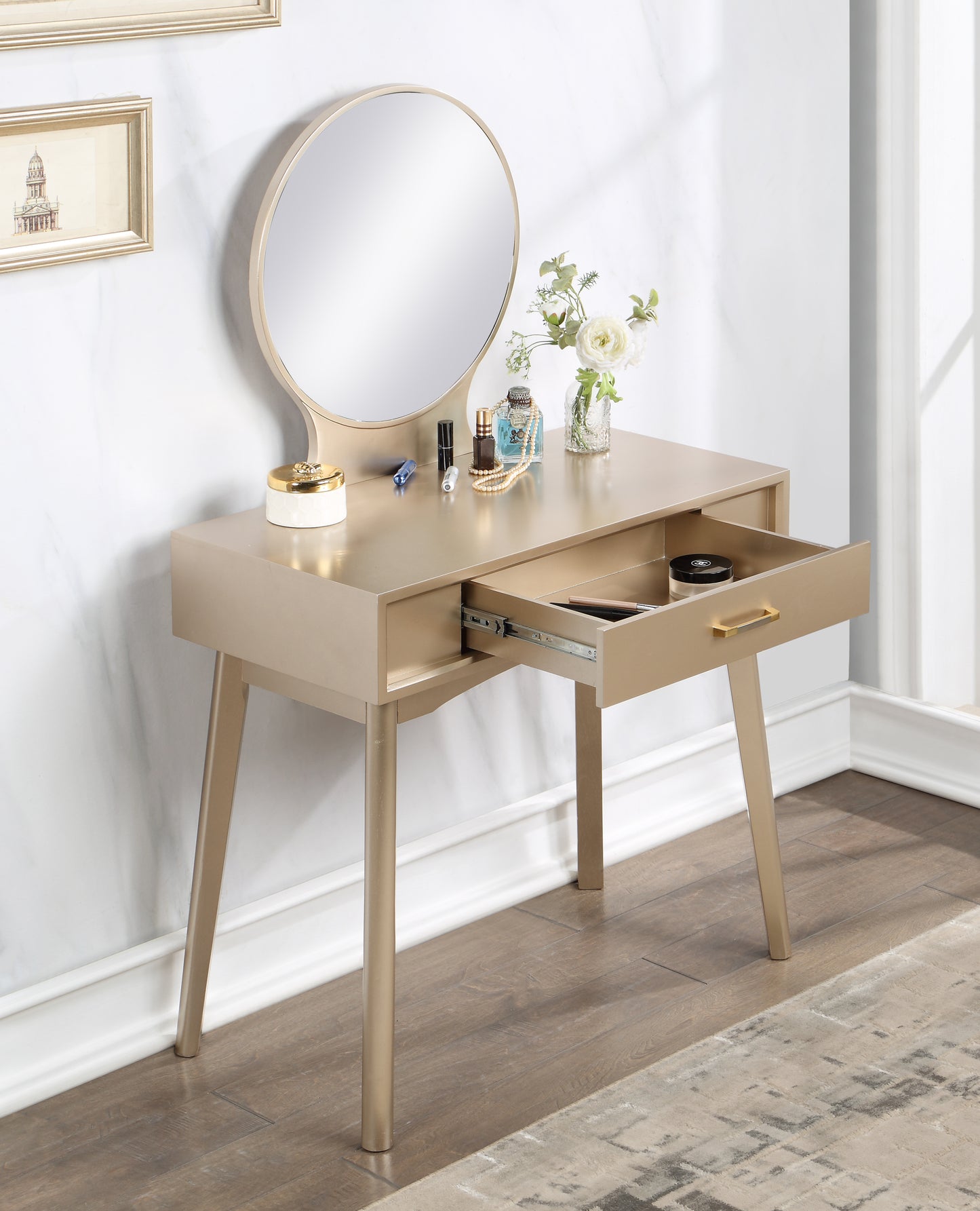 Maly Contemporary Wood Vanity and Stool Set - Gold