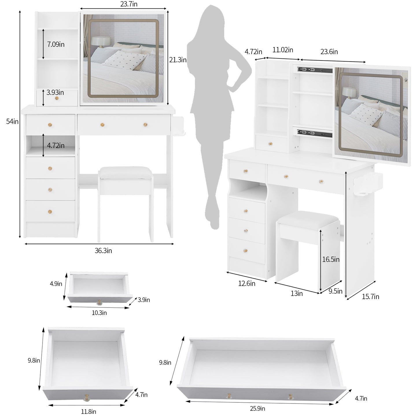 Yano Makeup Vanity Desk Set with LED Sliding Mirror - White