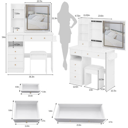 Yano Makeup Vanity Desk Set with LED Sliding Mirror - White