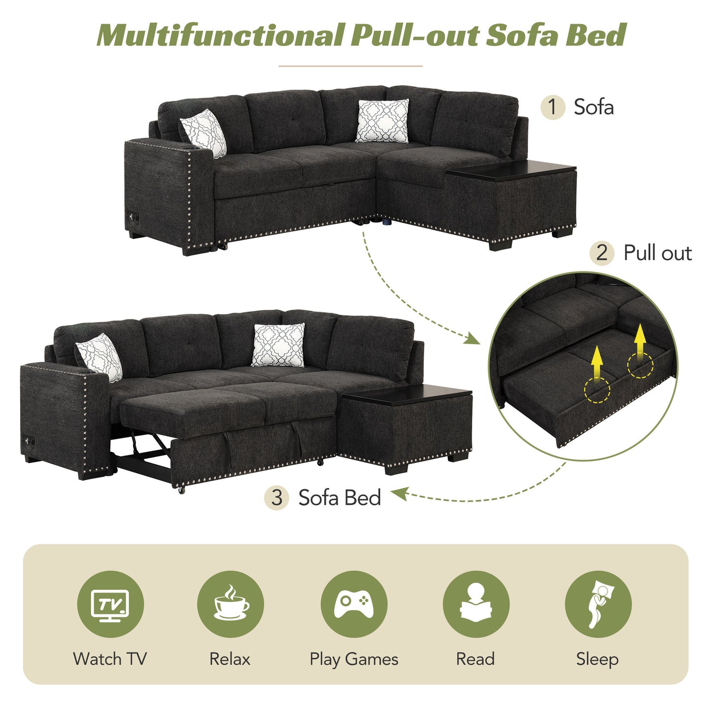 Javier Reversible Sectional Pull-Out Sofa Bed - Black