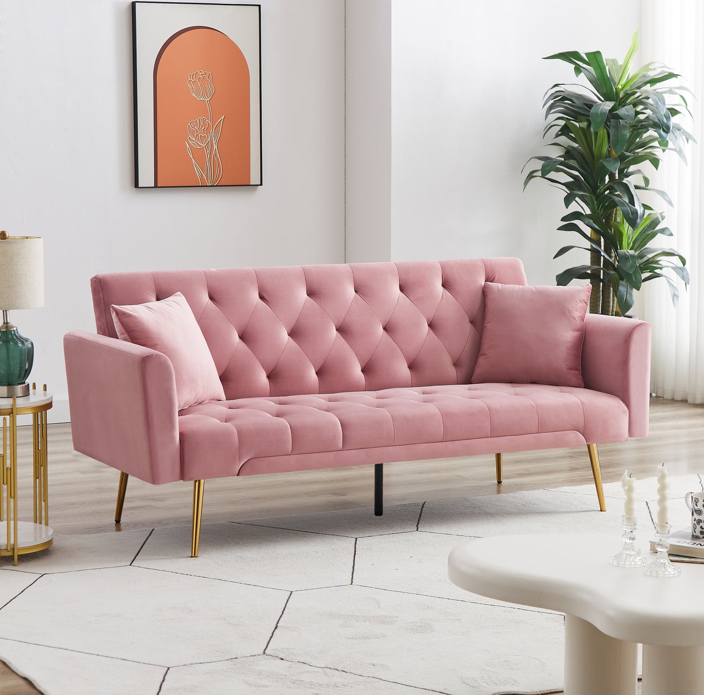 Tasa Velvet Futon Sofa Bed with Metal Legs & 2 Pillows - Pink