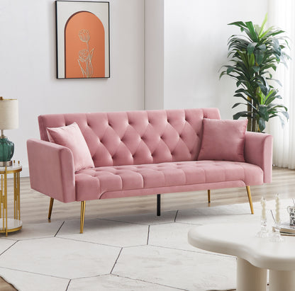 Tasa Velvet Futon Sofa Bed with Metal Legs & 2 Pillows - Pink