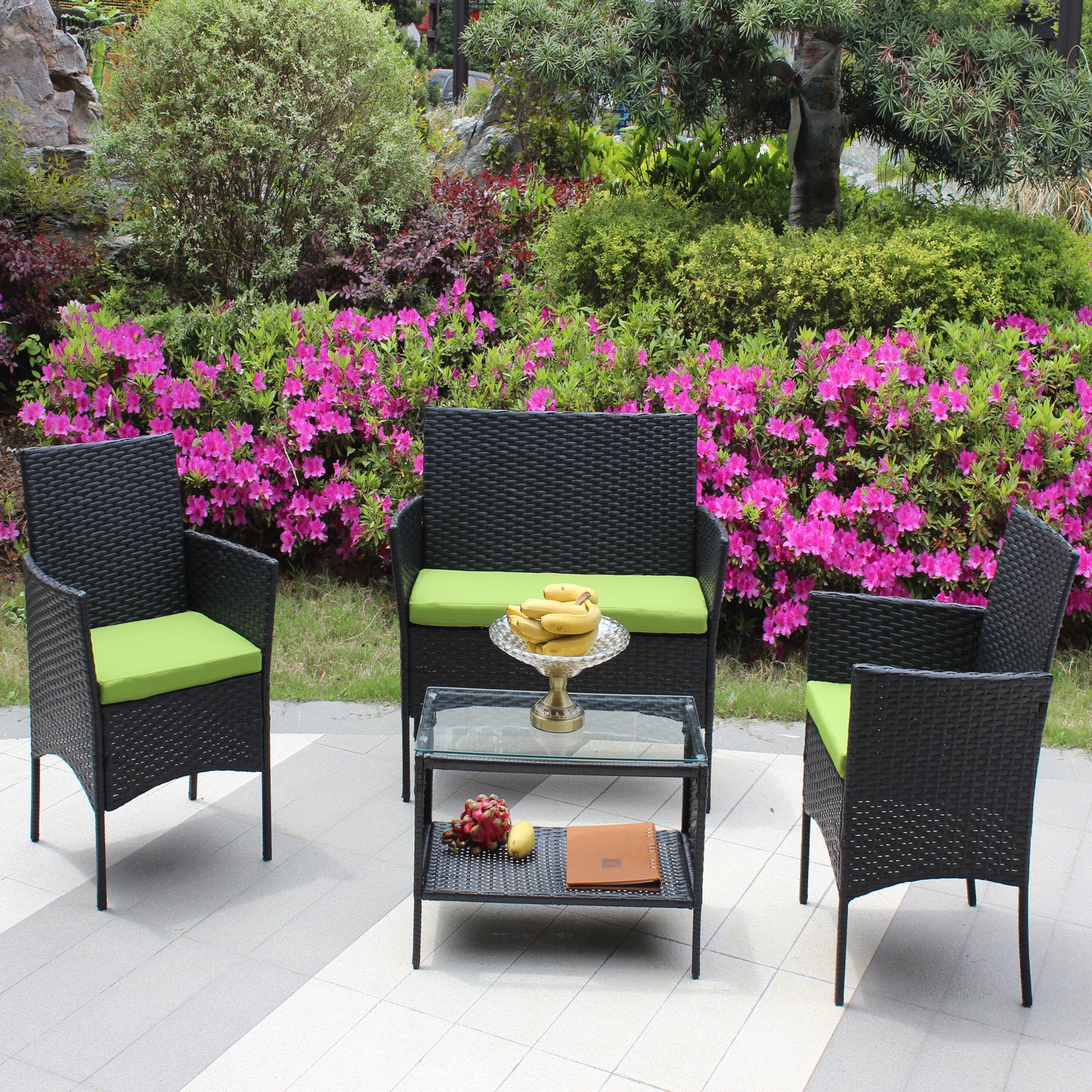 Miola 4 Pc Outdoor Patio Wicker Ratten Furniture Set - Green Cushion