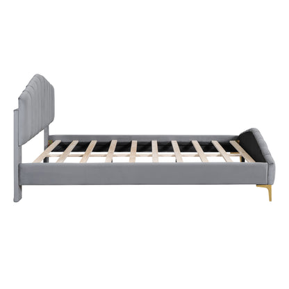 ZuZu Queen Size Velvet Platform Bed with Metal Bed Leg - Gray