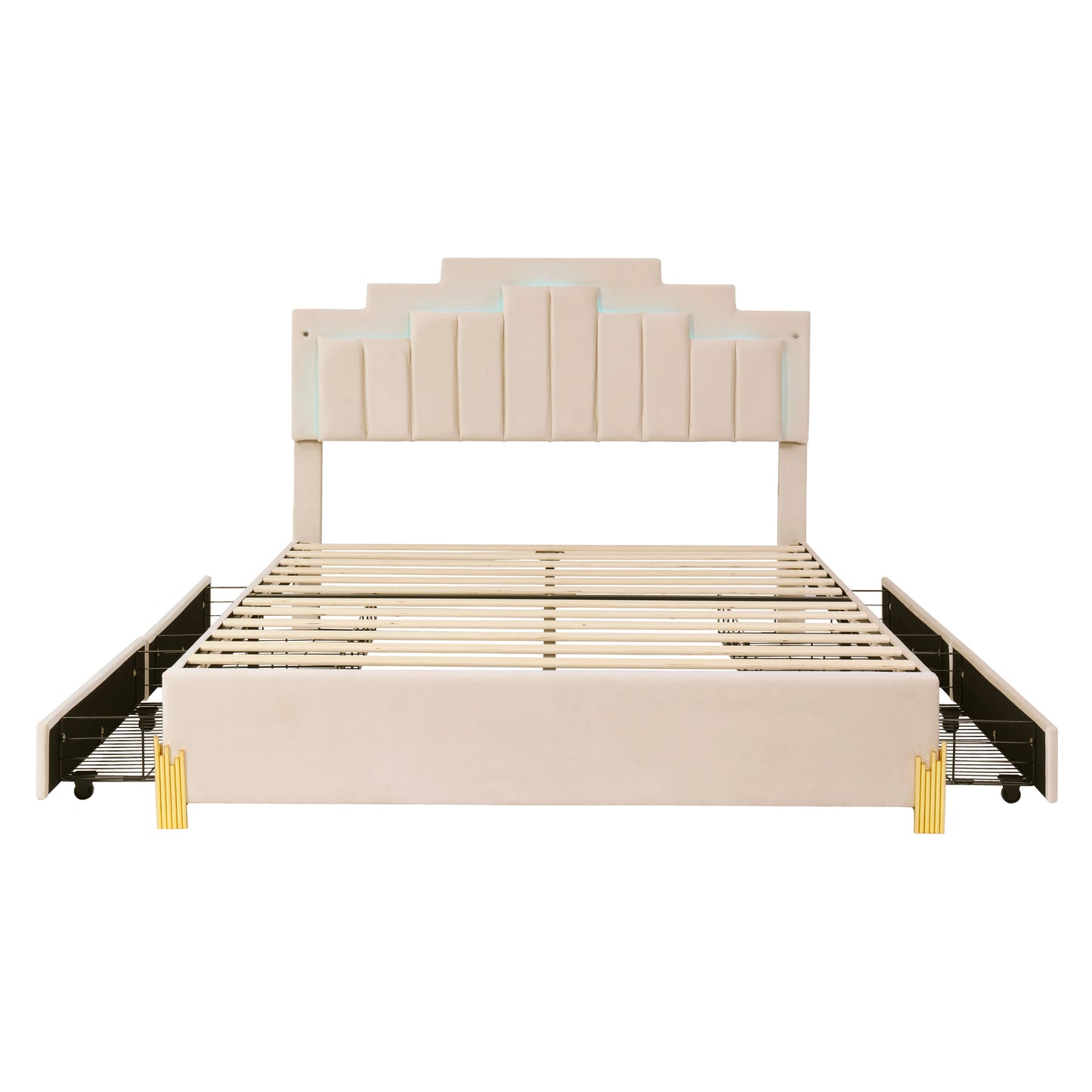 Neco Queen Size Platform Bed with LED and 4 Drawers - Beige