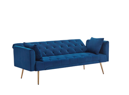 Tasa Velvet Futon Sofa Bed with Metal Legs & 2 Pillows - Blue