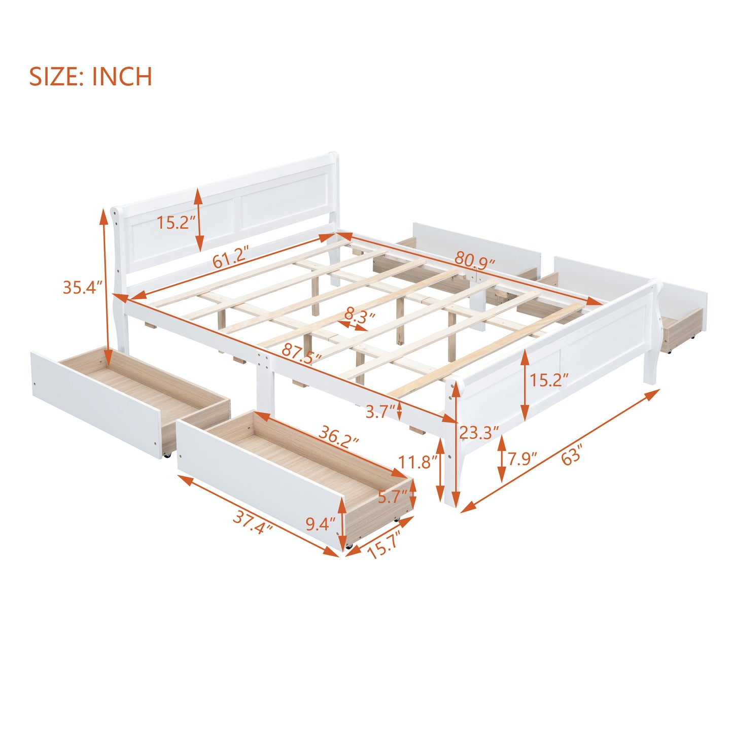 Meg Queen Size Wood Platform Bed with 4 Drawers - White