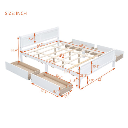 Meg Queen Size Wood Platform Bed with 4 Drawers - White