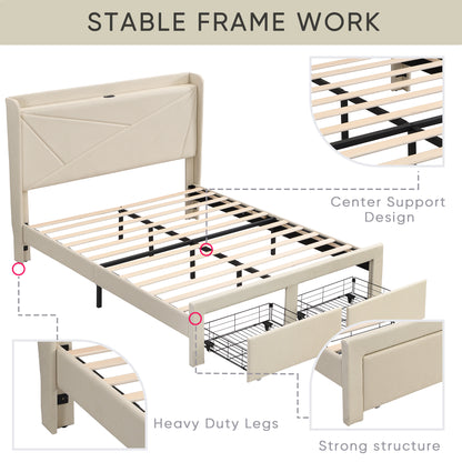 Craven Queen Size Bed Frame with 2 Storage Drawers - Beige