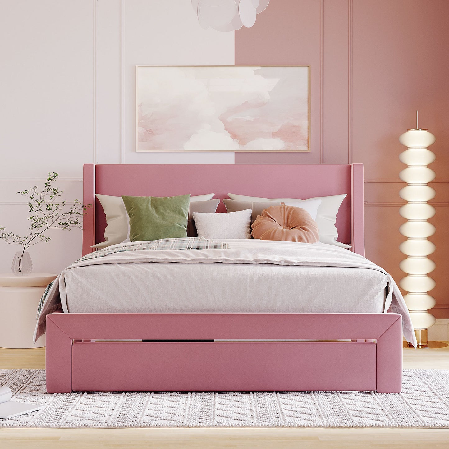 Renni Queen Size Velvet Platform Bed Frame with Drawer - Pink