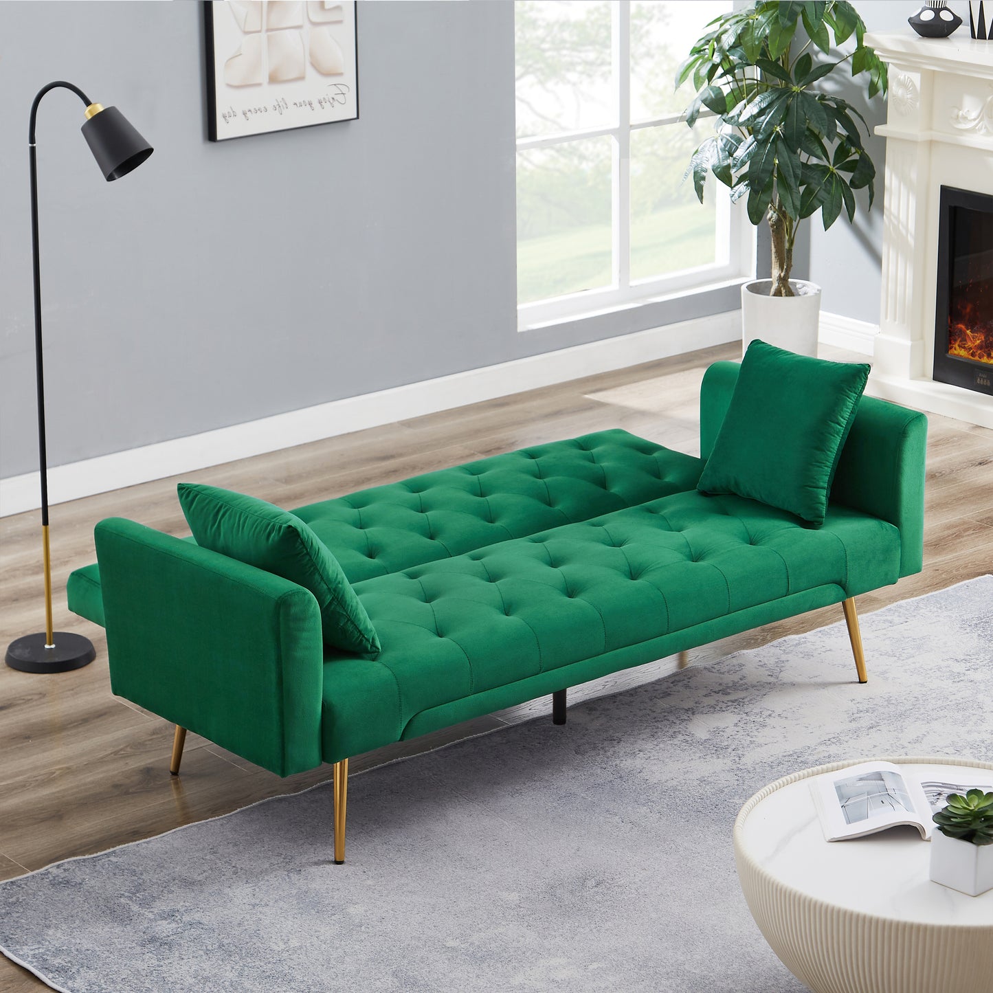 Tasa Velvet Futon Sofa Bed with Metal Legs & 2 Pillows - Green