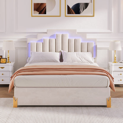 Neco Queen Size Platform Bed with LED and 4 Drawers - Beige