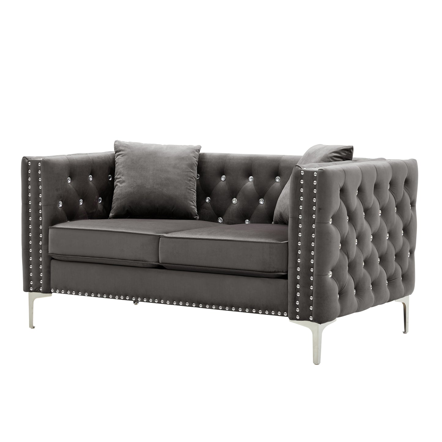 Mahoney Velvet Sofa with 2 Pillows - Gray