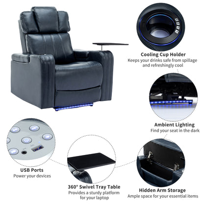 Xavier PU Leather Power Recliner - Blue