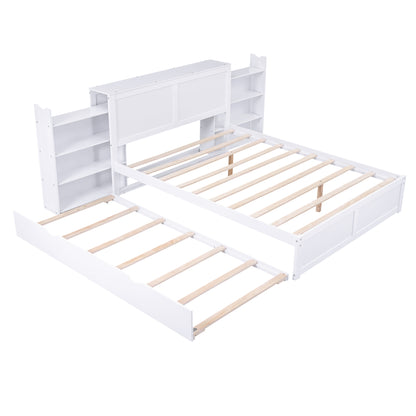 JR Queen Size Platform Bed w Pull Out Twin XL Size Trundle - White