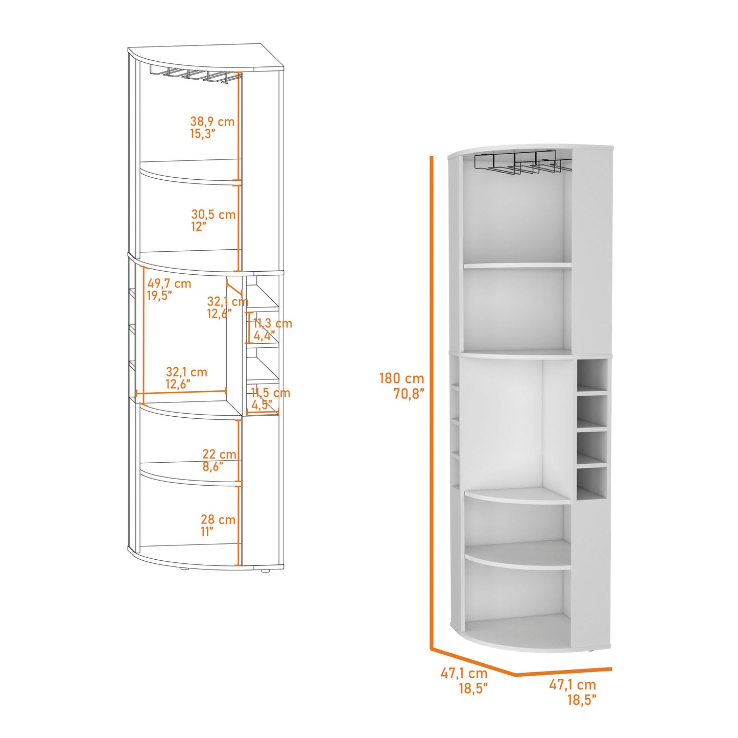 Avery 5 Large Shelves Corner Bar Cabinet - White