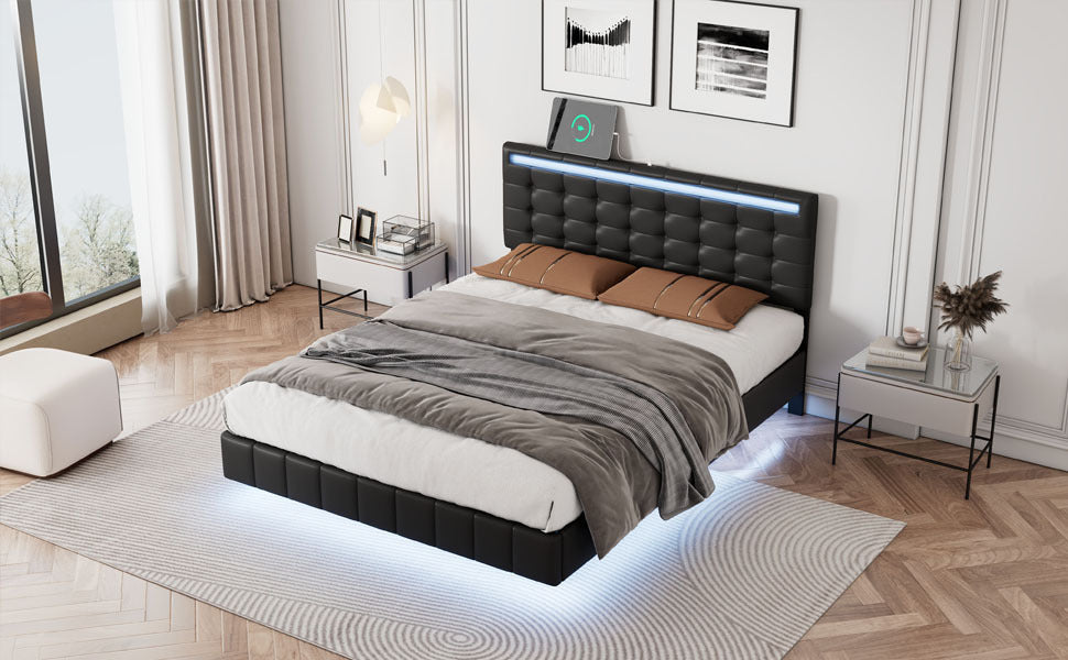 Marc Full Size Floating Bed Frame with LED - Black