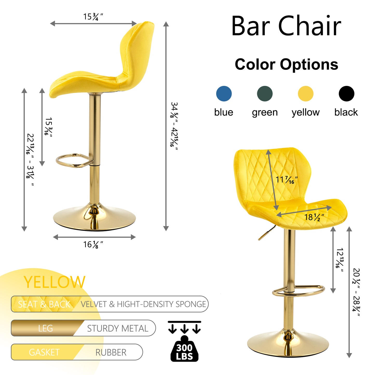 Beatrice Velvet Adjustable Swivel Bar Stool - Yellow Set Of 2