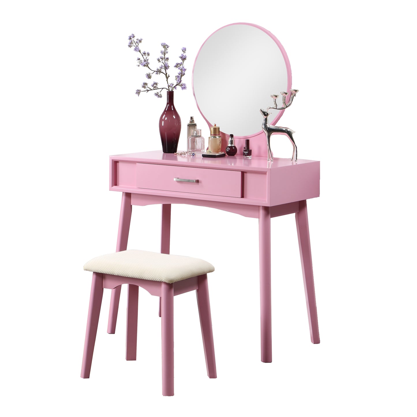 Maly Contemporary Wood Vanity and Stool Set - Pink