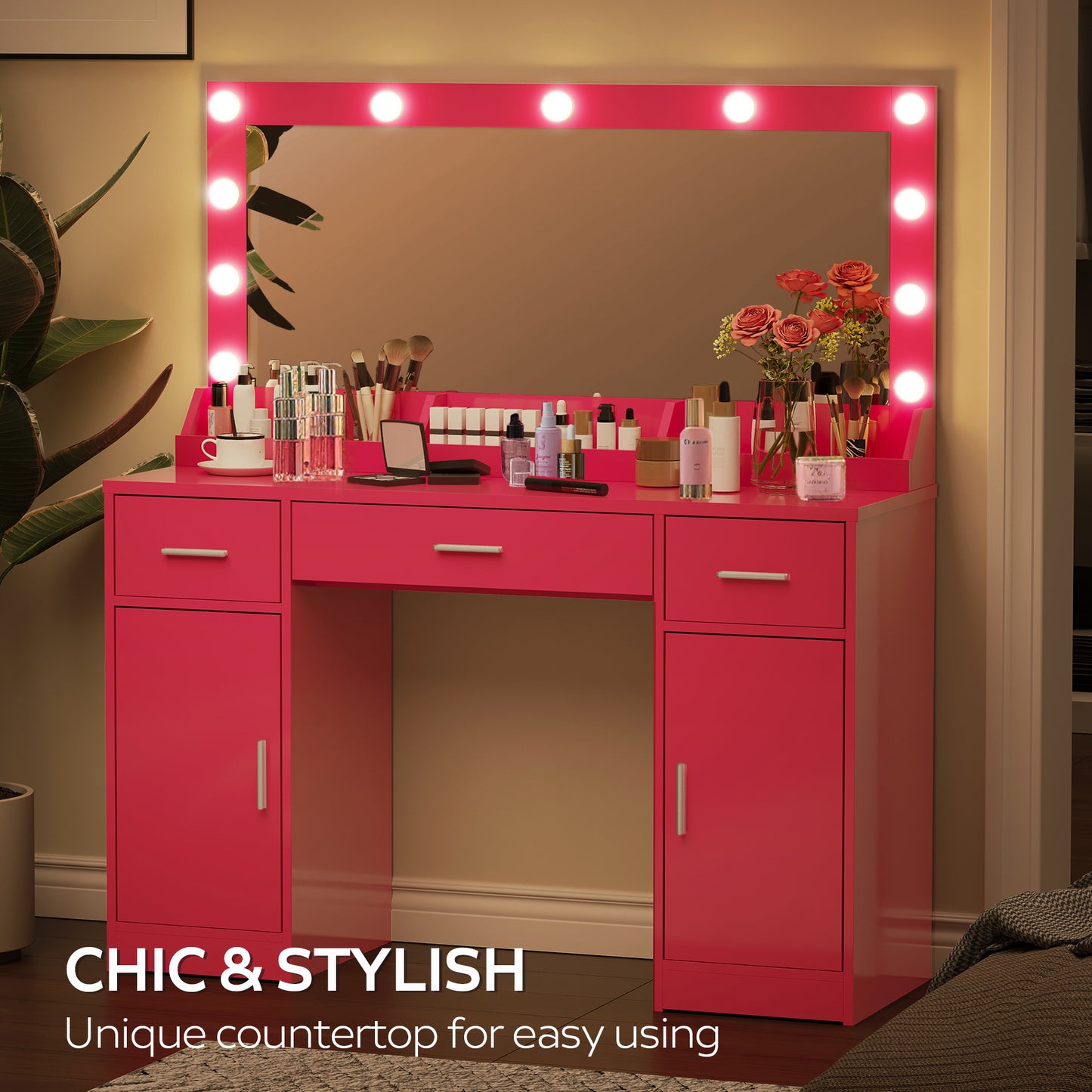 Astrid Makeup Vanity Table With Large Mirror and 3 Colour Lighting  - Rose Pink