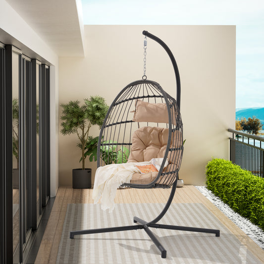 Feji Outdoor Rattan Egg Swing Chair with Stand - Khaki