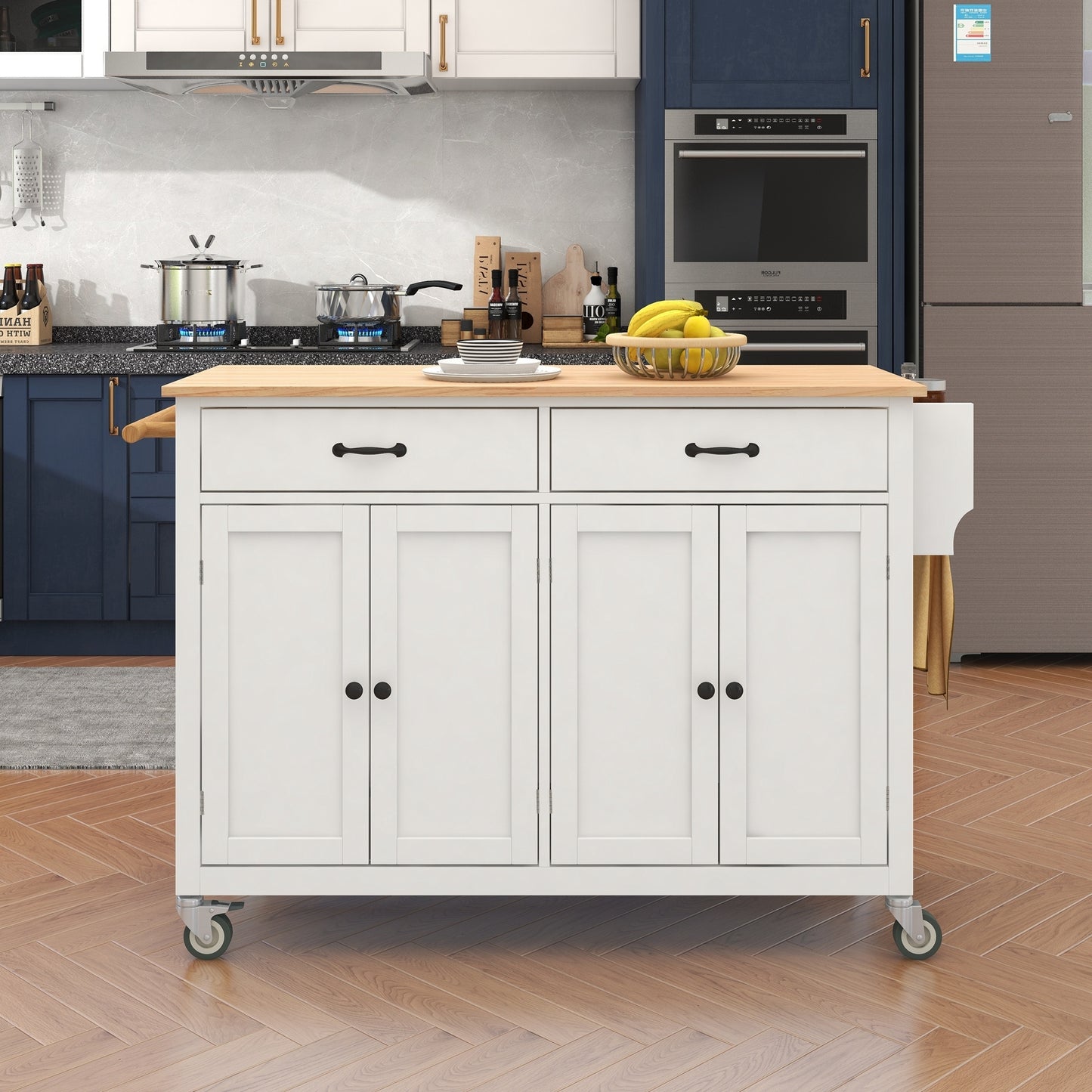 Granite Kitchen Island Cart with Solid Wood Top and Locking Wheels - White