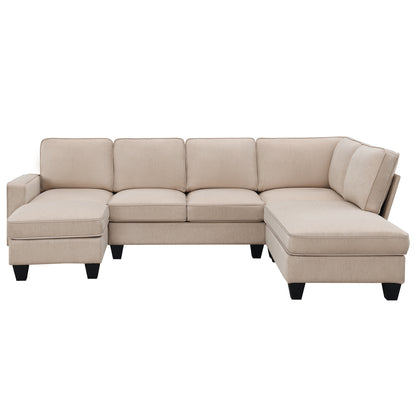 Vortex 7-seat Linen Fabric L-shaped Sectional Sofa - khaki