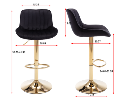 Stramline Adjustable Velvet + Golden Leg Bar Stool - Black Set of 2