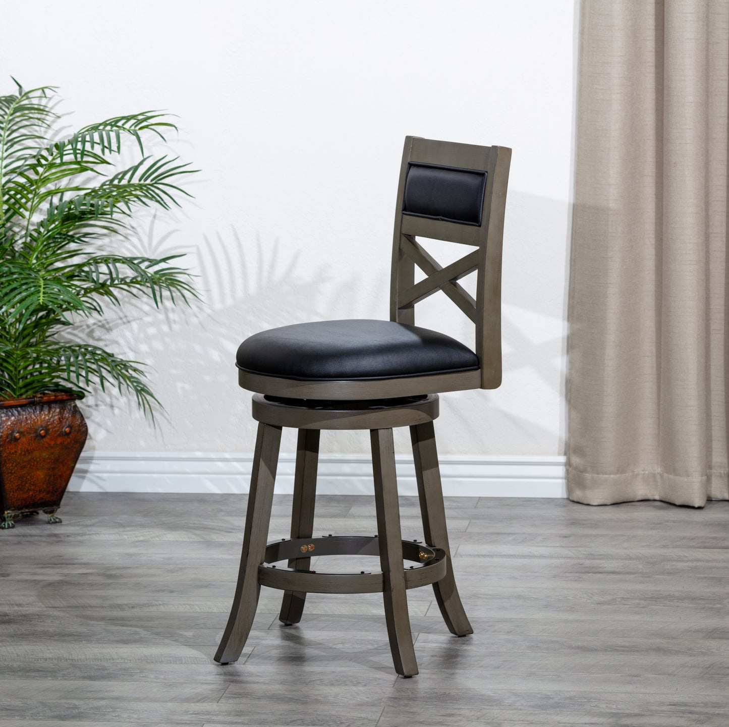 Counter Height X-Back Swivel Stool, Weathered Gray Finish, Black Leather Seat