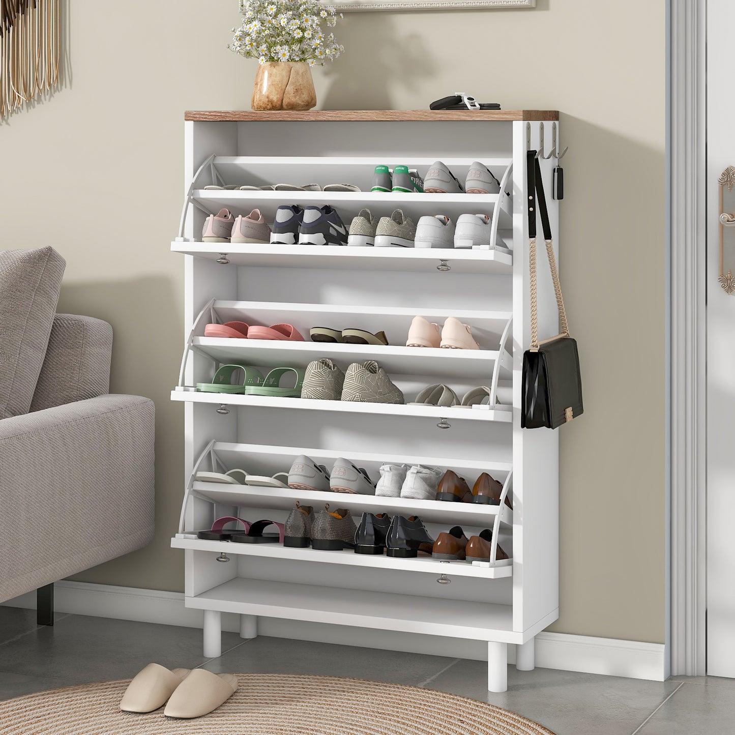 Bio Shoe Cabinet with 3 Flip Drawers - White