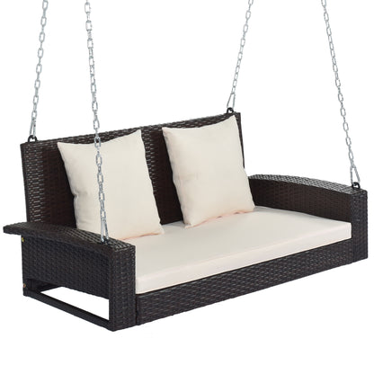 Paz 2-Person Wicker Hanging Porch Swing (Brown Wicker, Beige Cushion)