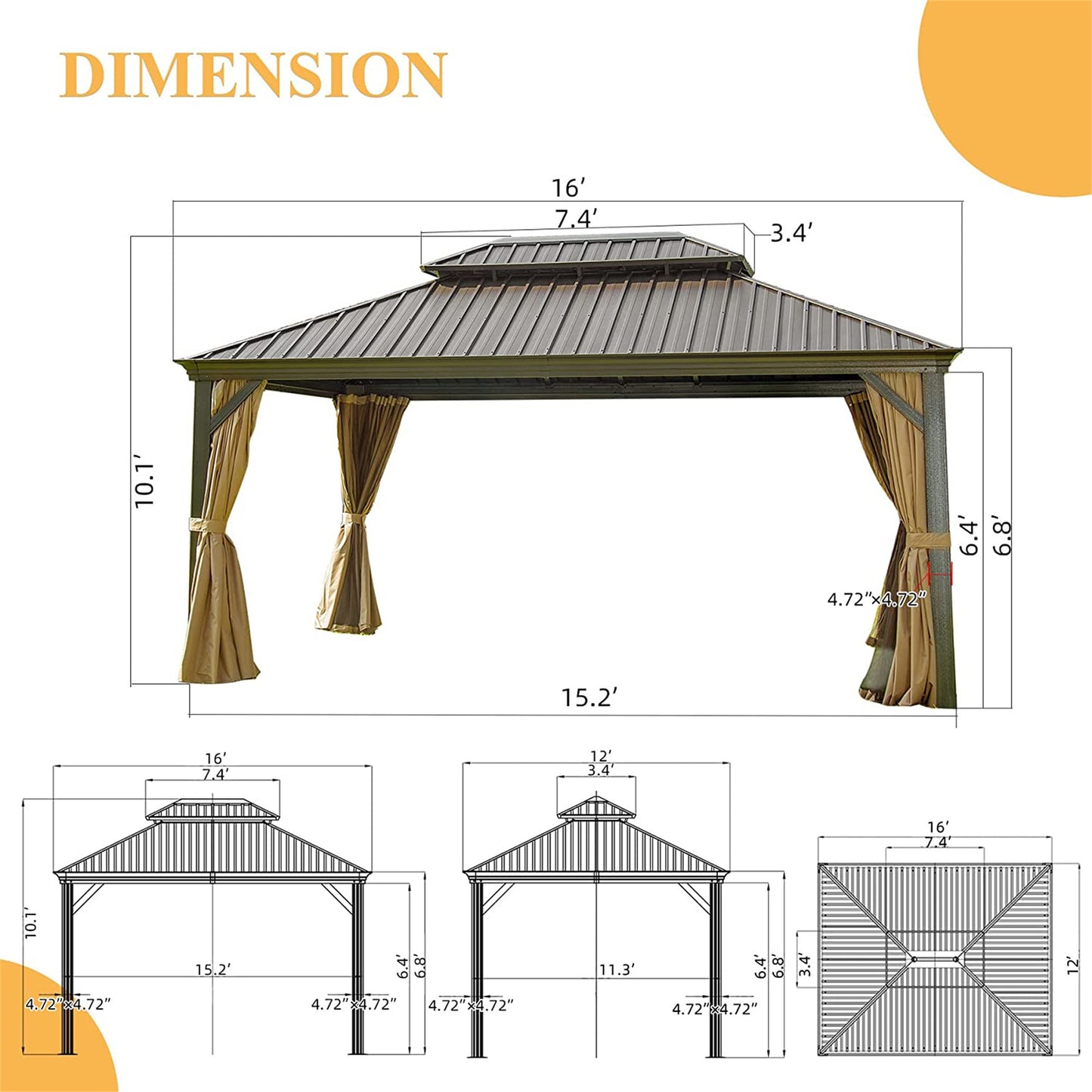 Newton 12 X 16 ft Outdoor Galvanized Steel Roof Gazebo - Brown